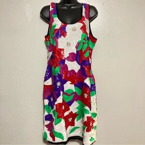 Vintage 80s Sequin Beaded Colorful Mini Dress 100% Silk